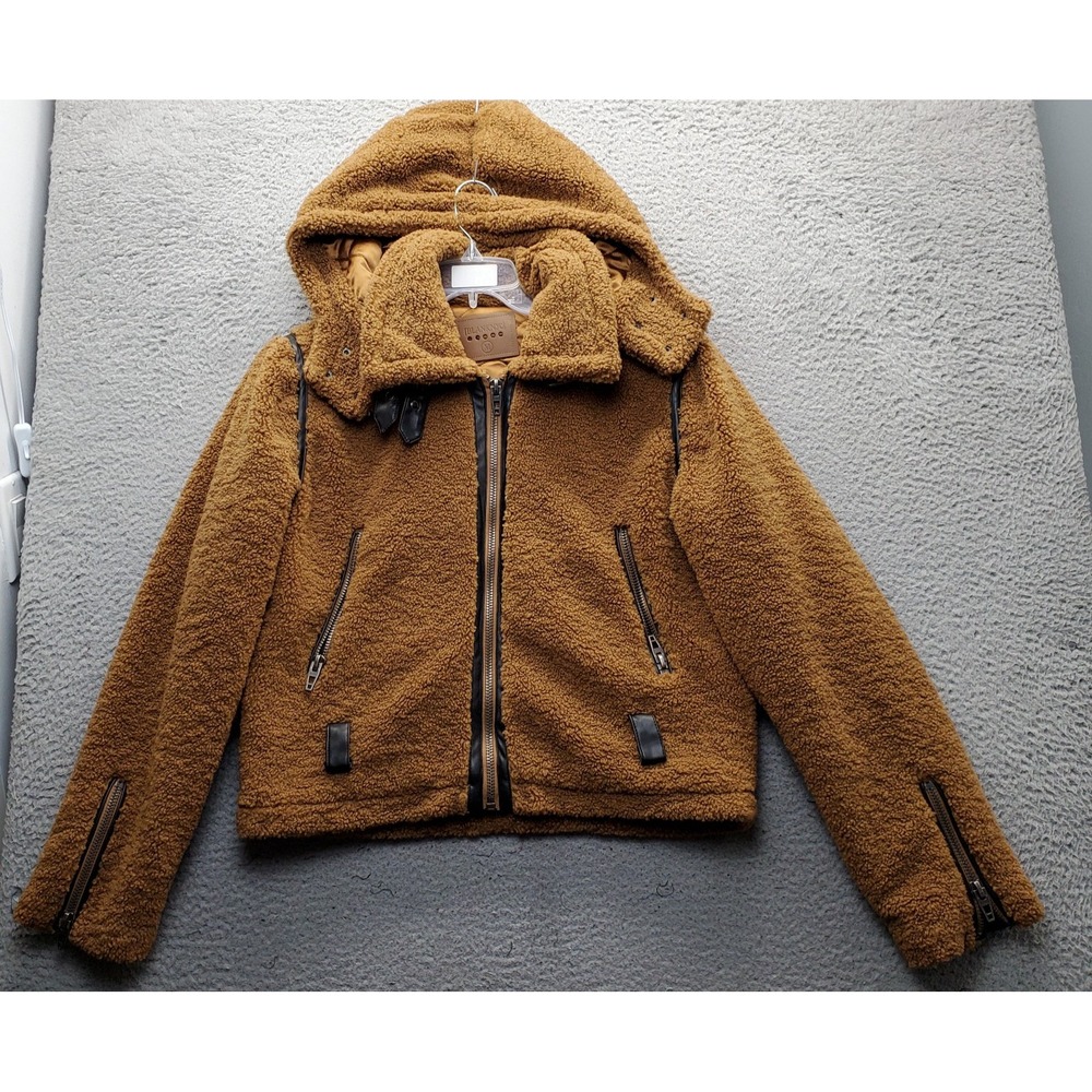 BLANKNYC Faux Shearling Hooded Jacket Womens Medium Brown Quilted Lined Zip Up